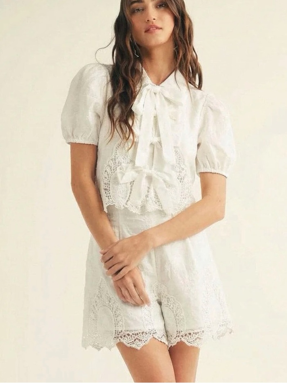 A641. 3 Piece Set White Lace Tie-Neck Blouse, Cami & Shorts